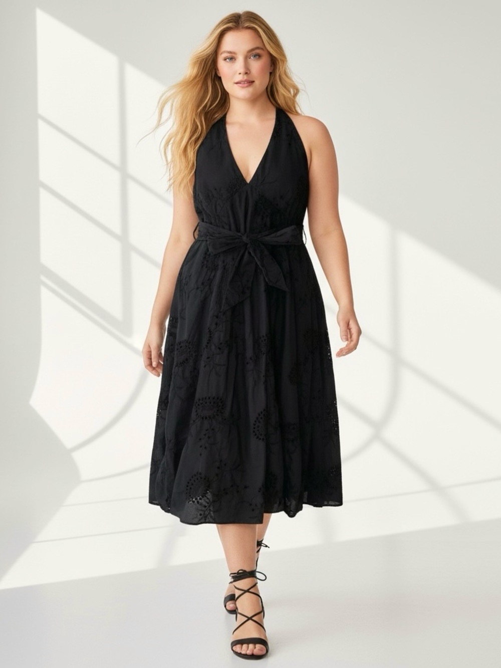 BANDOLINO Eyelet Lace Halter Midi Dress